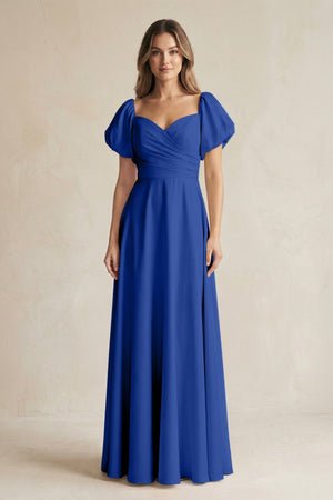Sweetheart Puff Sleeve A - Line Chiffon Bridesmaid Dress in Royal Blue - KissProm Bridesmaid Dresses