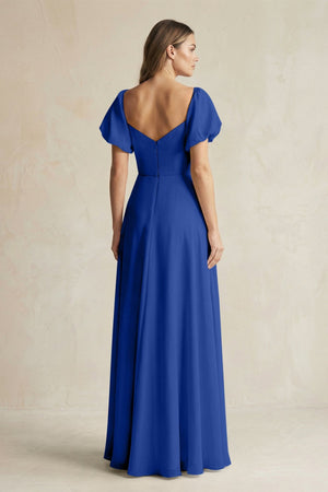 Sweetheart Puff Sleeve A - Line Chiffon Bridesmaid Dress in Royal Blue - KissProm Bridesmaid Dresses