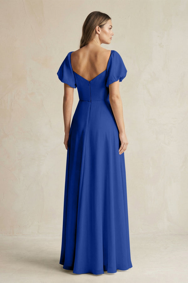 Sweetheart Puff Sleeve A - Line Chiffon Bridesmaid Dress in Royal Blue - KissProm Bridesmaid Dresses
