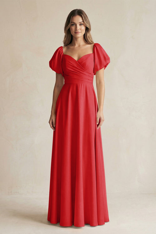 KissProm Sweetheart Puff Sleeve A-Line Chiffon Bridesmaid Dress in Ruby Red, Ruby Red / 6