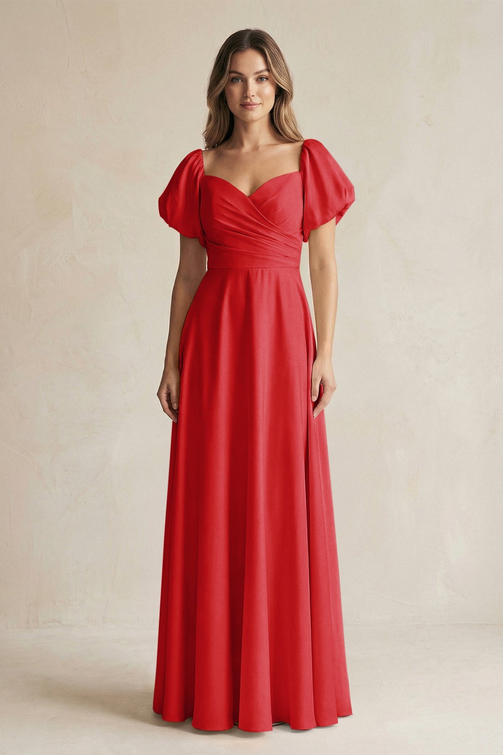 Sweetheart Puff Sleeve A - Line Chiffon Bridesmaid Dress in Ruby Red - KissProm Bridesmaid Dresses