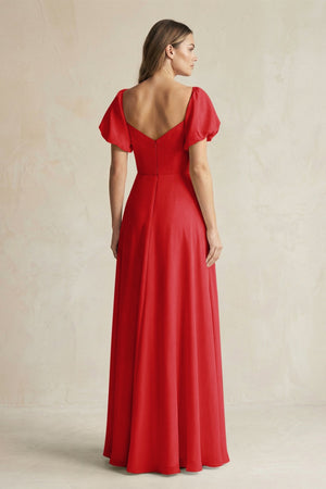 Sweetheart Puff Sleeve A - Line Chiffon Bridesmaid Dress in Ruby Red - KissProm Bridesmaid Dresses