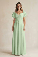 Sweetheart Puff Sleeve A - Line Chiffon Bridesmaid Dress in Sage - KissProm Bridesmaid Dresses