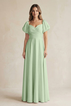 Sweetheart Puff Sleeve A - Line Chiffon Bridesmaid Dress in Sage - KissProm Bridesmaid Dresses