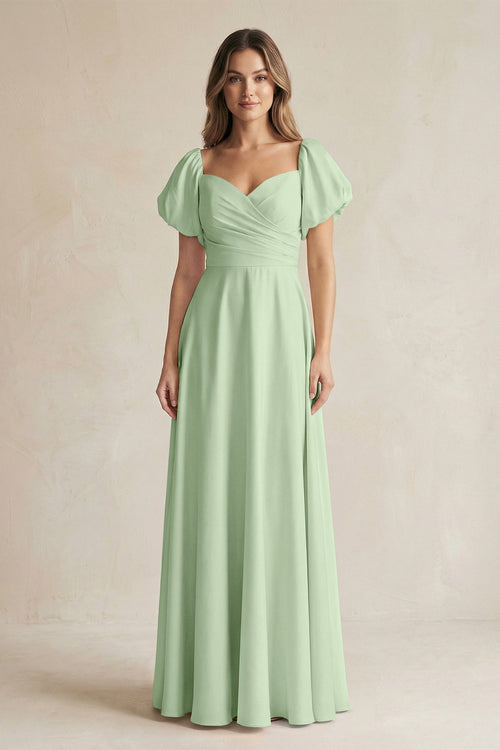 Sweetheart Puff Sleeve A - Line Chiffon Bridesmaid Dress in Sage - KissProm Bridesmaid Dresses
