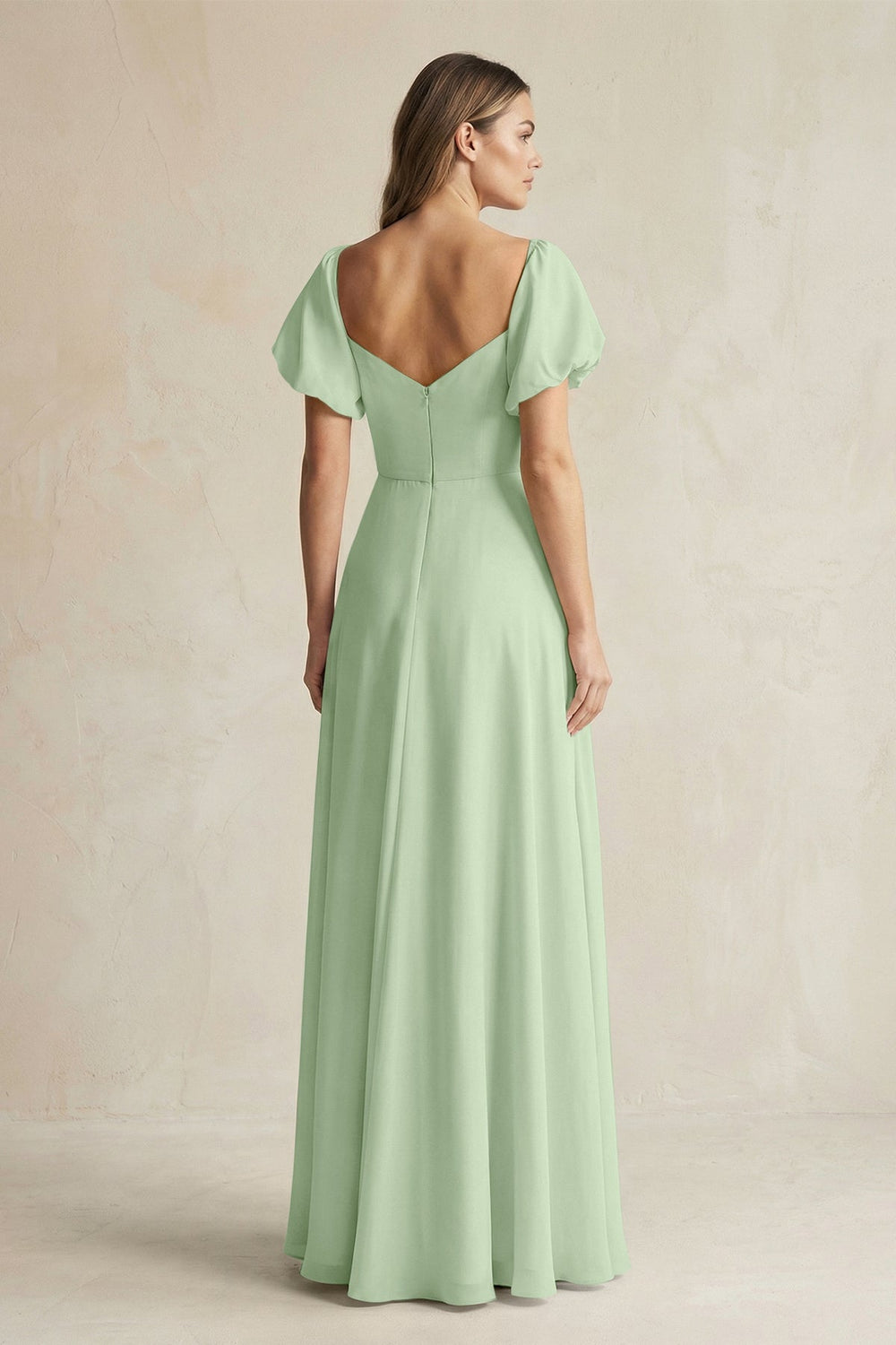 Sweetheart Puff Sleeve A - Line Chiffon Bridesmaid Dress in Sage - KissProm Bridesmaid Dresses