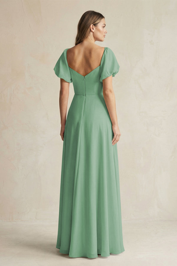 Sweetheart Puff Sleeve A - Line Chiffon Bridesmaid Dress in Sea Glass - KissProm Bridesmaid Dresses