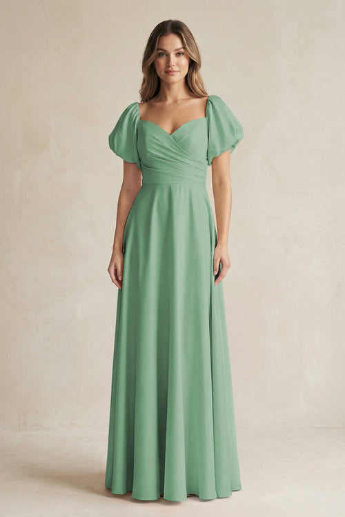 Sweetheart Puff Sleeve A - Line Chiffon Bridesmaid Dress in Sea Glass - KissProm Bridesmaid Dresses