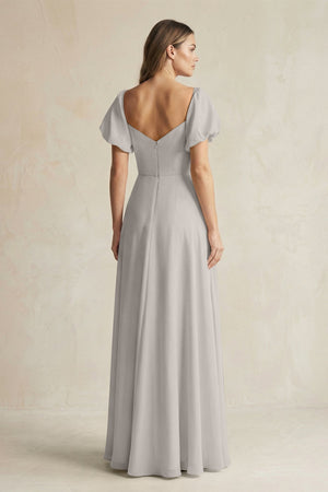 Sweetheart Puff Sleeve A - Line Chiffon Bridesmaid Dress in Silver - KissProm Bridesmaid Dresses