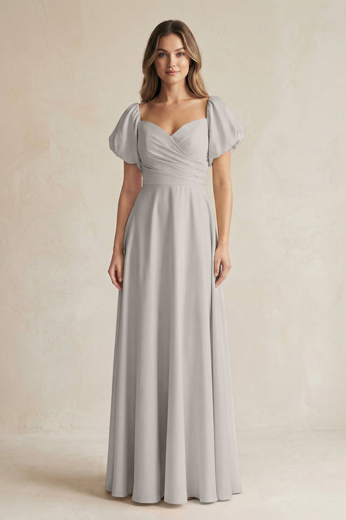 KissProm Sweetheart Puff Sleeve A-Line Chiffon Bridesmaid Dress in Silver, Silver / 10