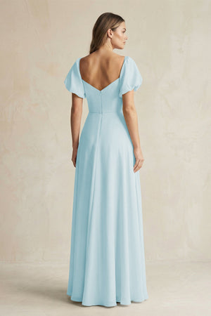 Sweetheart Puff Sleeve A - Line Chiffon Bridesmaid Dress in Sky Blue - KissProm Bridesmaid Dresses