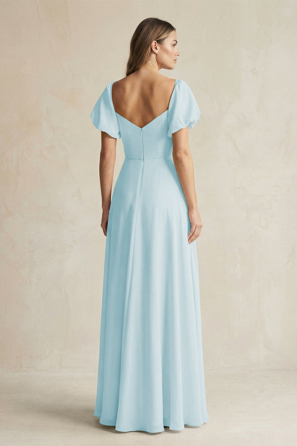 Sweetheart Puff Sleeve A - Line Chiffon Bridesmaid Dress in Sky Blue - KissProm Bridesmaid Dresses