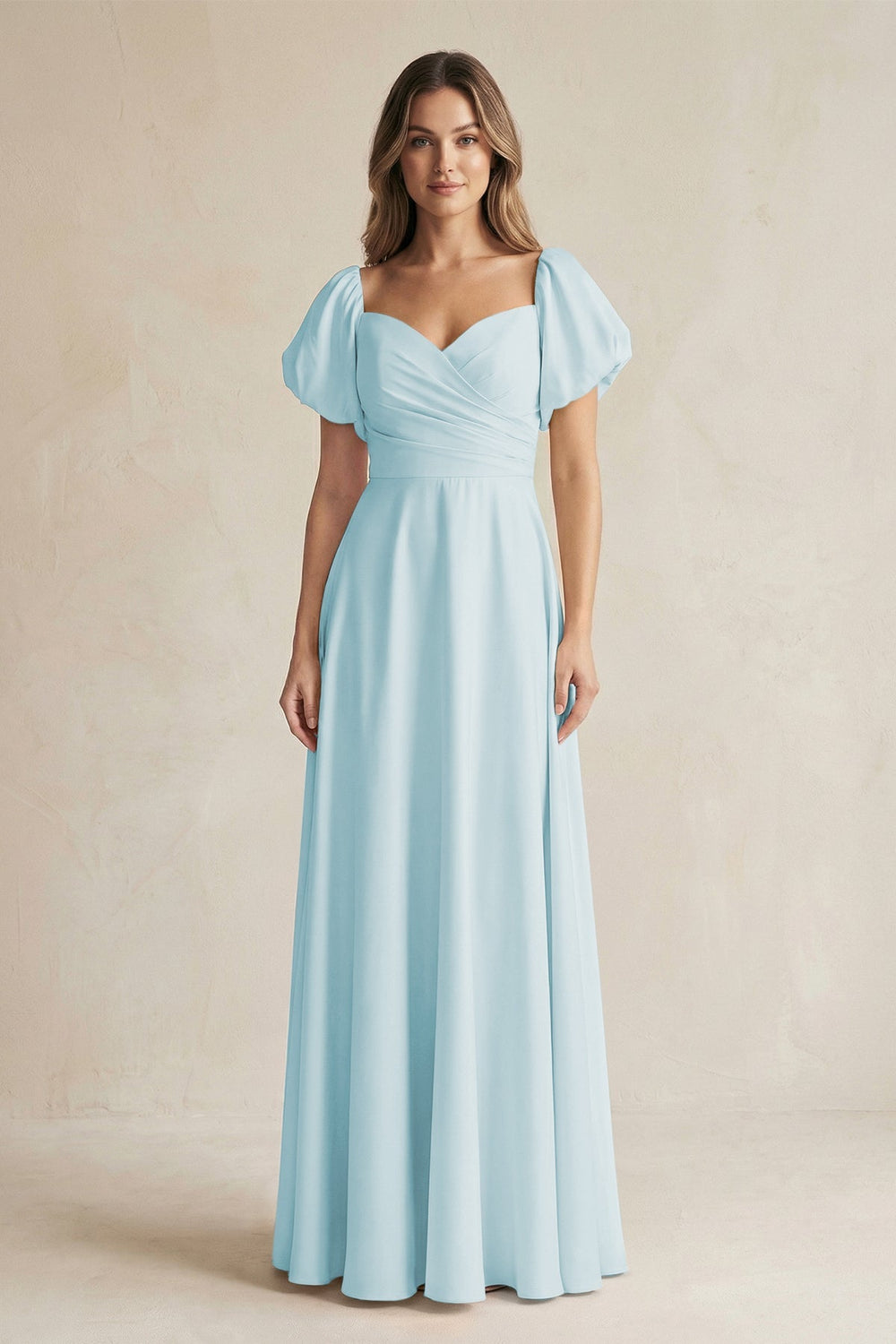 Sweetheart Puff Sleeve A - Line Chiffon Bridesmaid Dress in Sky Blue - KissProm Bridesmaid Dresses