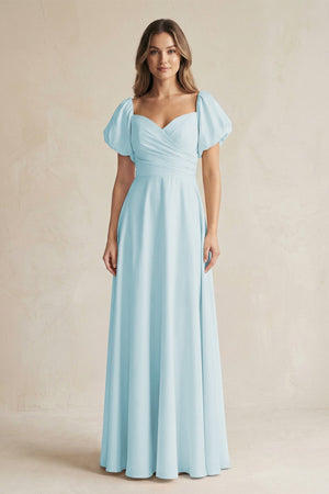 Sweetheart Puff Sleeve A - Line Chiffon Bridesmaid Dress in Sky Blue - KissProm Bridesmaid Dresses