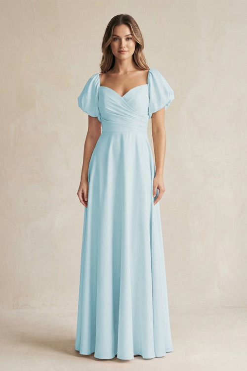 Sweetheart Puff Sleeve A - Line Chiffon Bridesmaid Dress in Sky Blue - KissProm Bridesmaid Dresses