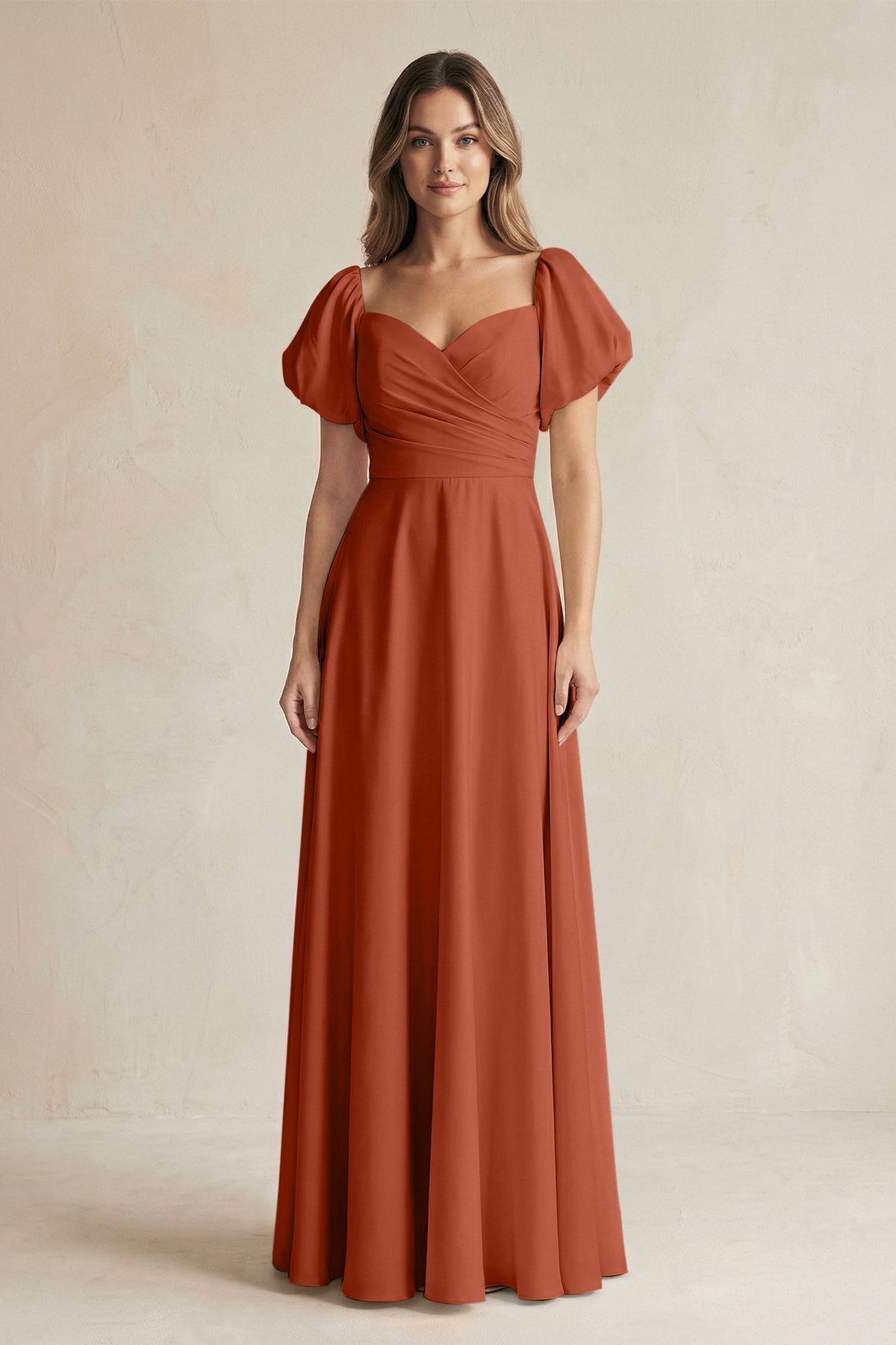 spice colored bridesmaid dresses Sweetheart Puff Sleeve A-Line Chiffon Dress in burnt orange bridesmaid dresses