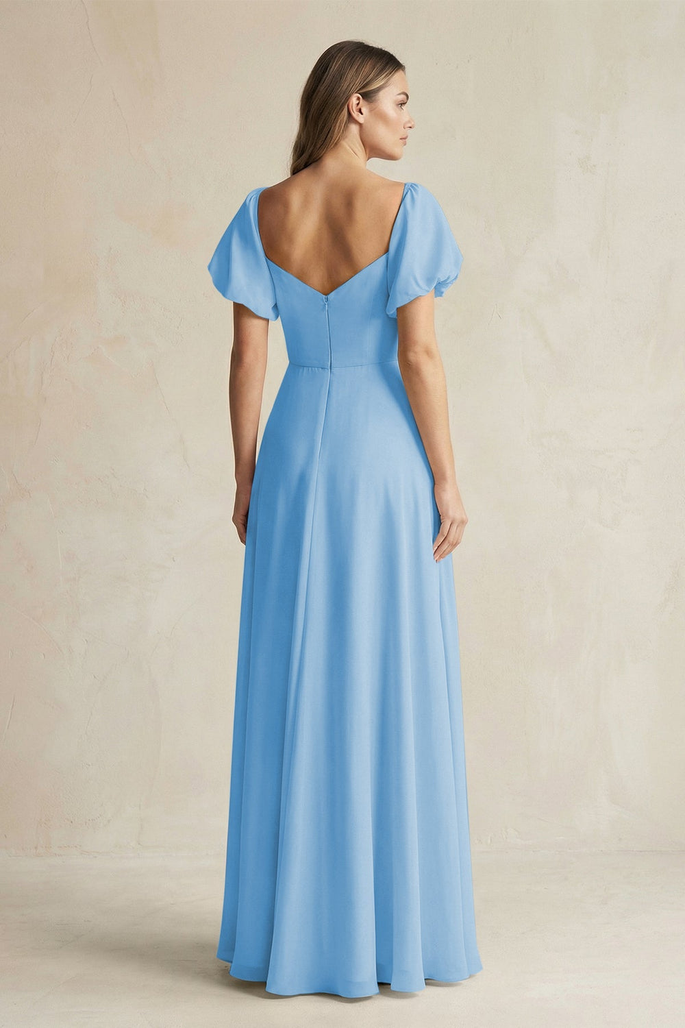 Sweetheart Puff Sleeve A - Line Chiffon Bridesmaid Dress in Steel Blue - KissProm Bridesmaid Dresses