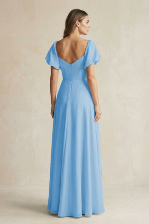 Sweetheart Puff Sleeve A - Line Chiffon Bridesmaid Dress in Steel Blue - KissProm Bridesmaid Dresses