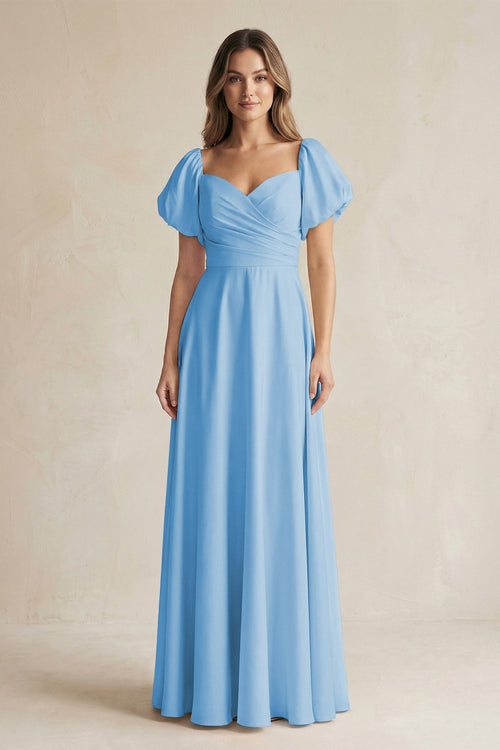 KissProm Sweetheart Puff Sleeve A-Line Chiffon Bridesmaid Dress in Steel Blue, Steel Blue / 4