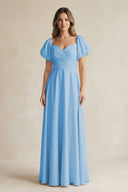 Sweetheart Puff Sleeve A - Line Chiffon Bridesmaid Dress in Steel Blue - KissProm Bridesmaid Dresses