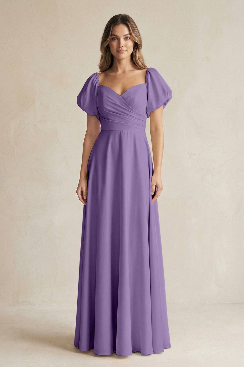 Sweetheart Puff Sleeve A - Line Chiffon Bridesmaid Dress in Tahiti - KissProm Bridesmaid Dresses