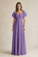 Sweetheart Puff Sleeve A - Line Chiffon Bridesmaid Dress in Tahiti - KissProm Bridesmaid Dresses