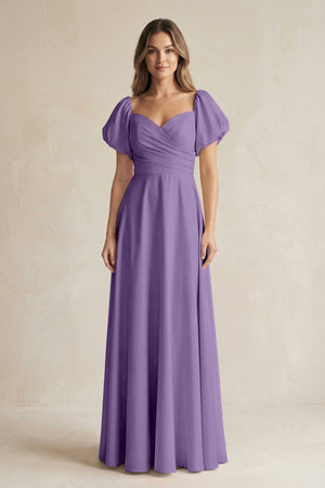 Sweetheart Puff Sleeve A - Line Chiffon Bridesmaid Dress in Tahiti - KissProm Bridesmaid Dresses