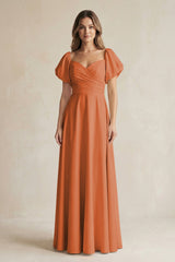 Sweetheart Puff Sleeve A - Line Chiffon Bridesmaid Dress in Terracotta - KissProm Bridesmaid Dresses