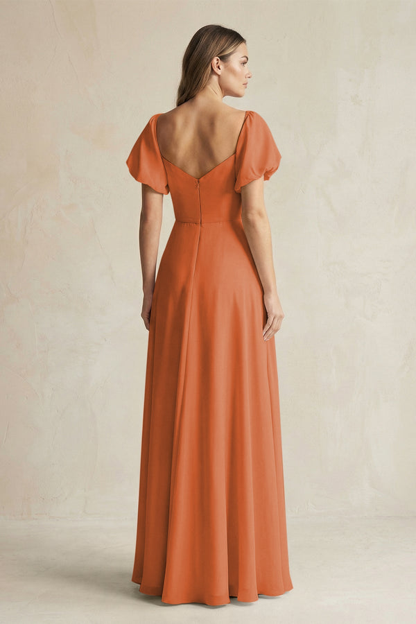 Sweetheart Puff Sleeve A - Line Chiffon Bridesmaid Dress in Terracotta - KissProm Bridesmaid Dresses