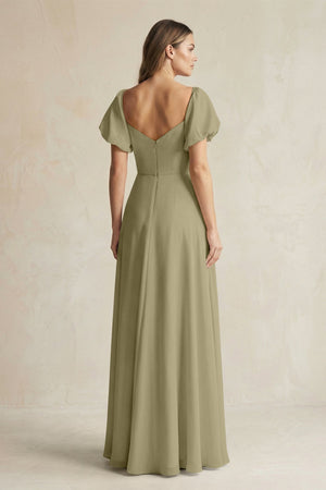 Sweetheart Puff Sleeve A - Line Chiffon Bridesmaid Dress in Thyme - KissProm Bridesmaid Dresses