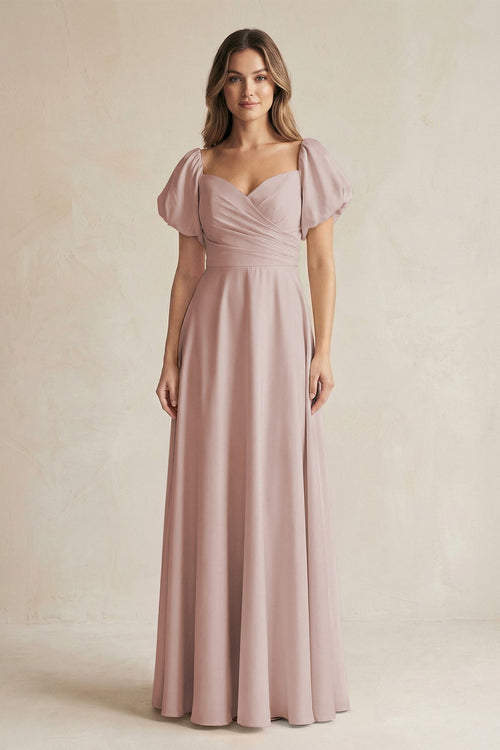 Sweetheart Puff Sleeve A - Line Chiffon Bridesmaid Dress in Toffee - KissProm Bridesmaid Dresses