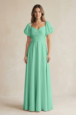 Sweetheart Puff Sleeve A - Line Chiffon Bridesmaid Dress in Turquoise - KissProm Bridesmaid Dresses