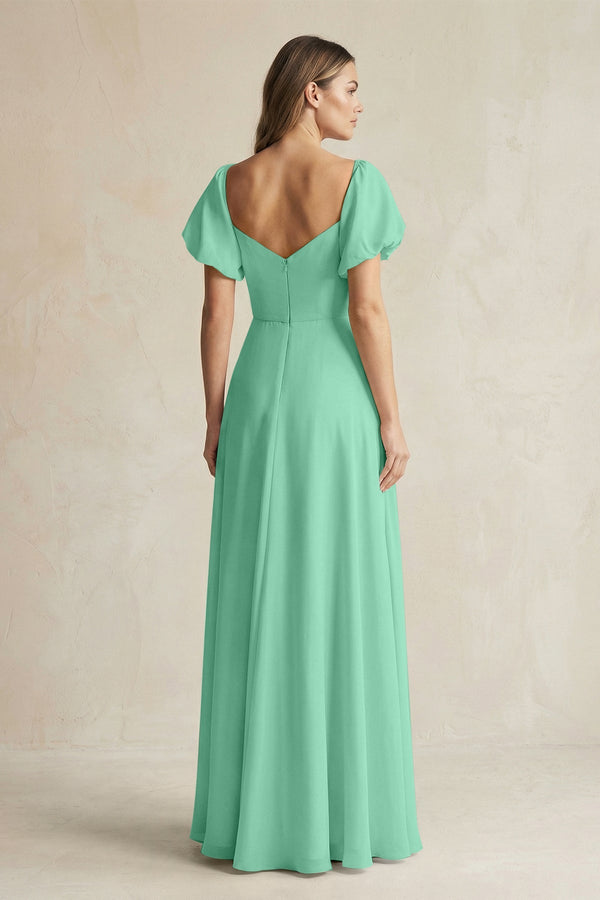 KissProm Sweetheart Puff Sleeve A-Line Chiffon Bridesmaid Dress in Turquoise, Turquoise / 14