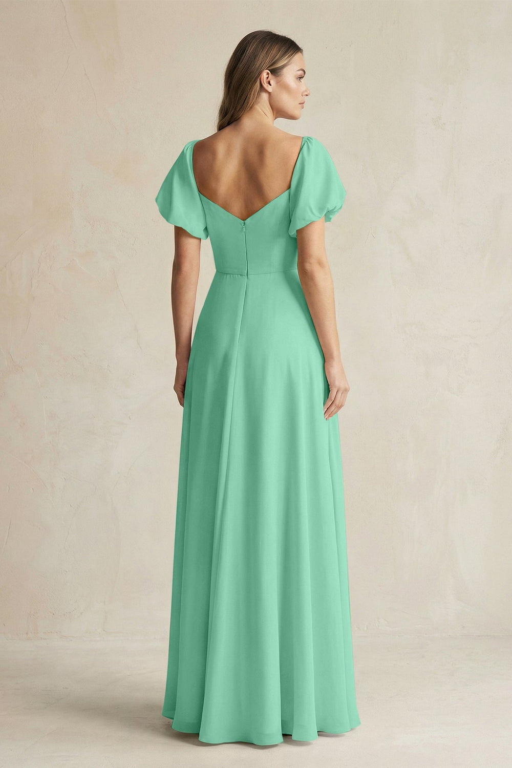 Sweetheart Puff Sleeve A - Line Chiffon Bridesmaid Dress in Turquoise - KissProm Bridesmaid Dresses