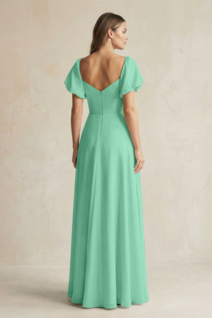 Sweetheart Puff Sleeve A - Line Chiffon Bridesmaid Dress in Turquoise - KissProm Bridesmaid Dresses