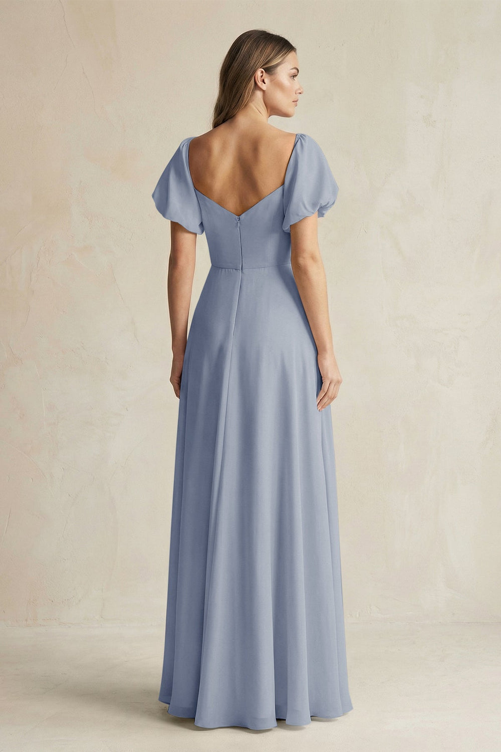 Sweetheart Puff Sleeve A - Line Chiffon Bridesmaid Dress in Twilight - KissProm Bridesmaid Dresses