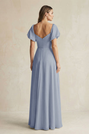 Sweetheart Puff Sleeve A - Line Chiffon Bridesmaid Dress in Twilight - KissProm Bridesmaid Dresses