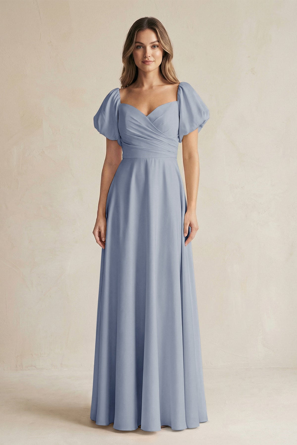 Sweetheart Puff Sleeve A - Line Chiffon Bridesmaid Dress in Twilight - KissProm Bridesmaid Dresses