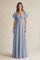 Sweetheart Puff Sleeve A - Line Chiffon Bridesmaid Dress in Twilight - KissProm Bridesmaid Dresses