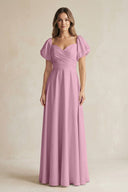 Sweetheart Puff Sleeve A - Line Chiffon Bridesmaid Dress in Vintage Mauve - KissProm Bridesmaid Dresses