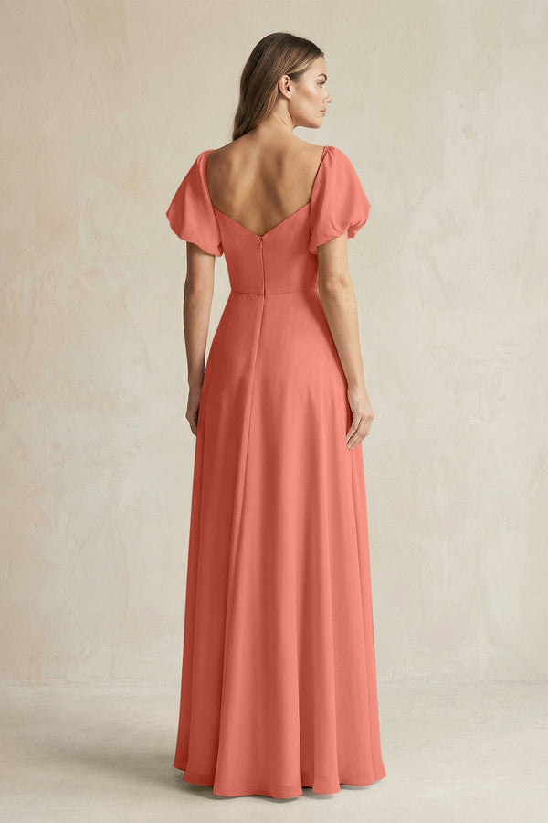 Sweetheart Puff Sleeve A - Line Chiffon Bridesmaid Dress in Wild Rose - KissProm Bridesmaid Dresses