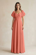 Sweetheart Puff Sleeve A - Line Chiffon Bridesmaid Dress in Wild Rose - KissProm Bridesmaid Dresses