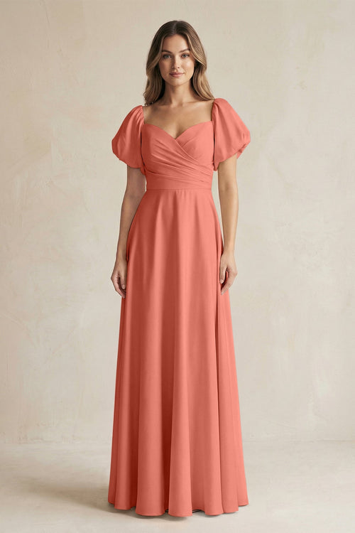Sweetheart Puff Sleeve A - Line Chiffon Bridesmaid Dress in Wild Rose - KissProm Bridesmaid Dresses