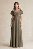 Sweetheart Puff Sleeve A - Line Chiffon Bridesmaid Dress in Willow Green - KissProm Bridesmaid Dresses