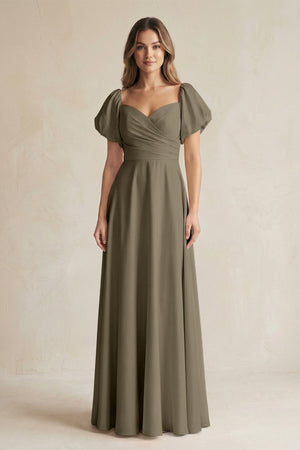Sweetheart Puff Sleeve A - Line Chiffon Bridesmaid Dress in Willow Green - KissProm Bridesmaid Dresses