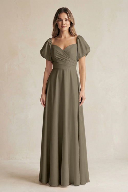 Sweetheart Puff Sleeve A - Line Chiffon Bridesmaid Dress in Willow Green - KissProm Bridesmaid Dresses