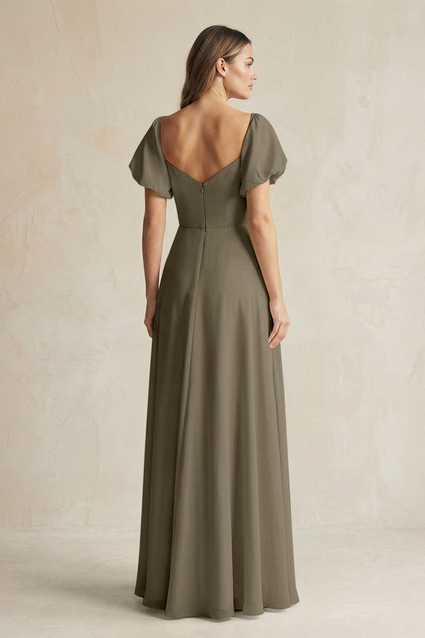 Sweetheart Puff Sleeve A - Line Chiffon Bridesmaid Dress in Willow Green - KissProm Bridesmaid Dresses