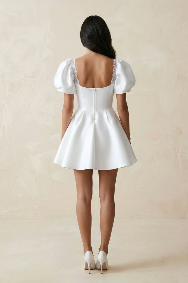 Sweetheart Puff Sleeves Satin A - Line Wedding Dress in White - KissProm Wedding Dresses