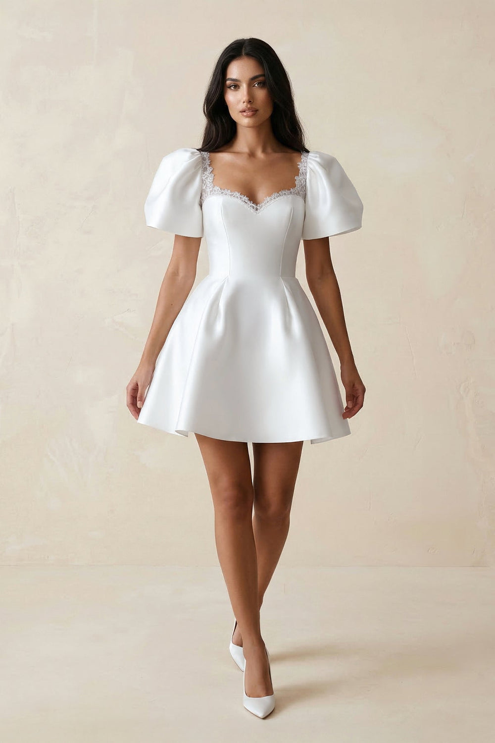 Sweetheart Puff Sleeves Satin A - Line Wedding Dress in White - KissProm Wedding Dresses