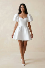 Sweetheart Puff Sleeves Satin A - Line Wedding Dress in White - KissProm Wedding Dresses